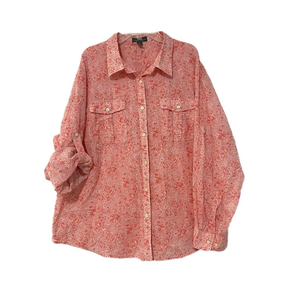 Lauren Ralph Lauren Floral Shirt Women 2X Orange Cotton Button Up RollTab Sleeve